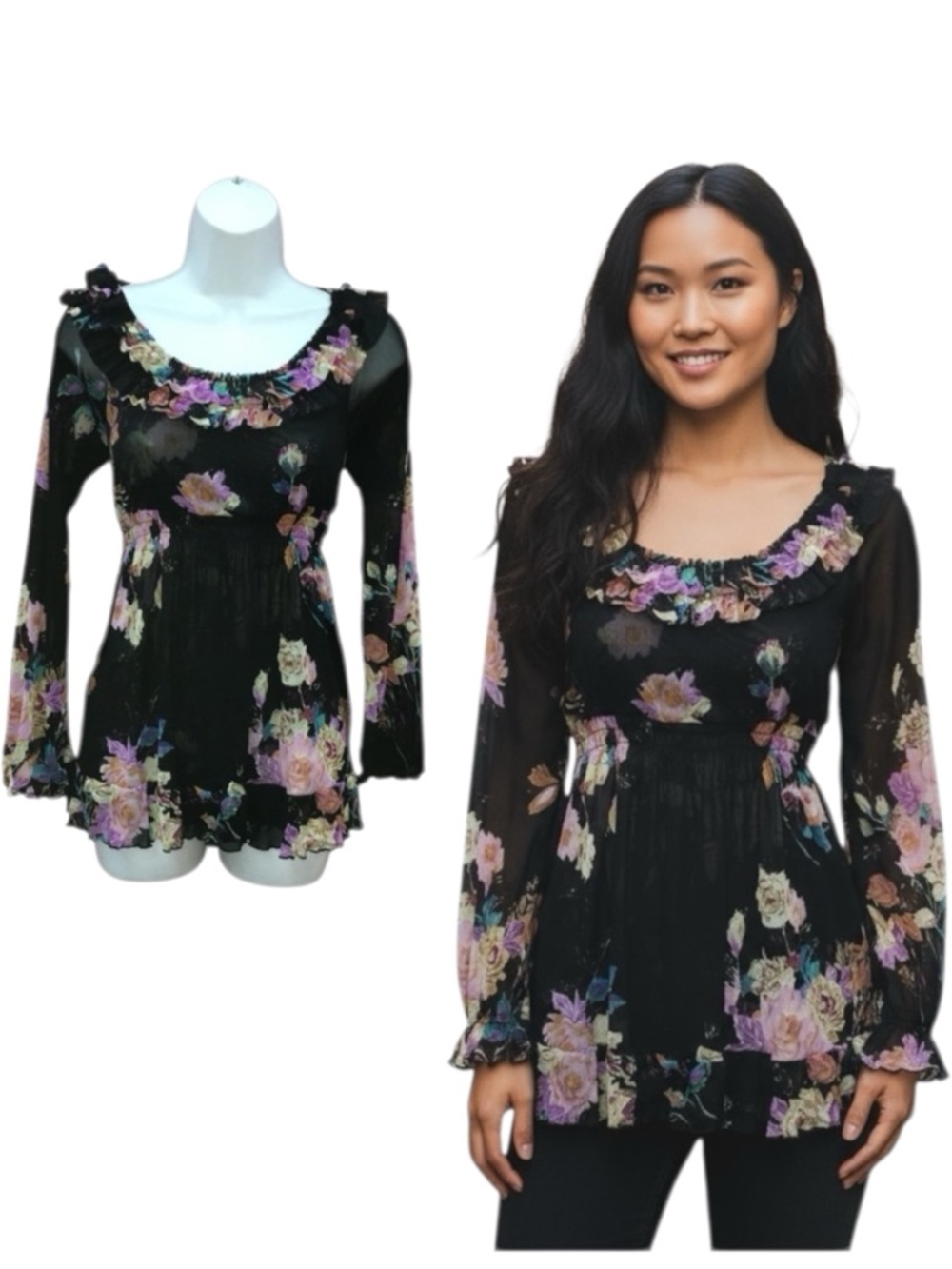 INC Black Floral Multicolor Layered Empire Mesh Stretch Top - Women’s M Petite